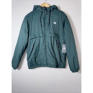 New Balance Hooded Puffer Jacket Mens Sz M Green Water Wind Resistant Soft-touch